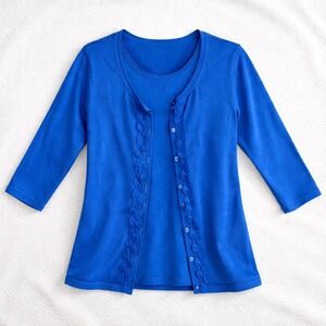 Coldwater Creek Blue Cardigan Tank Set Ruffle Button Top Women's Medium Knit